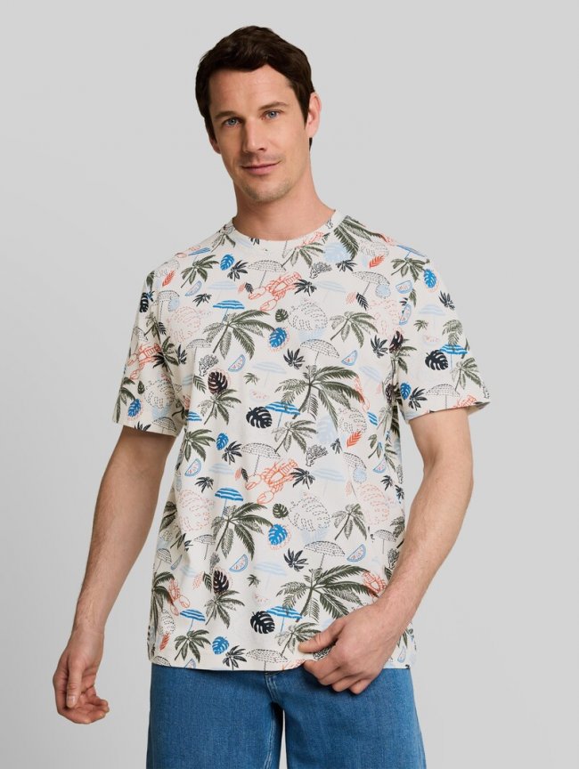 Tom Tailor Piqué T-Shirt mit Allover-Print - Off White Beach Design Tom Tailor Piqué T-Shirt mit Allover-Print - Off White Beach Design