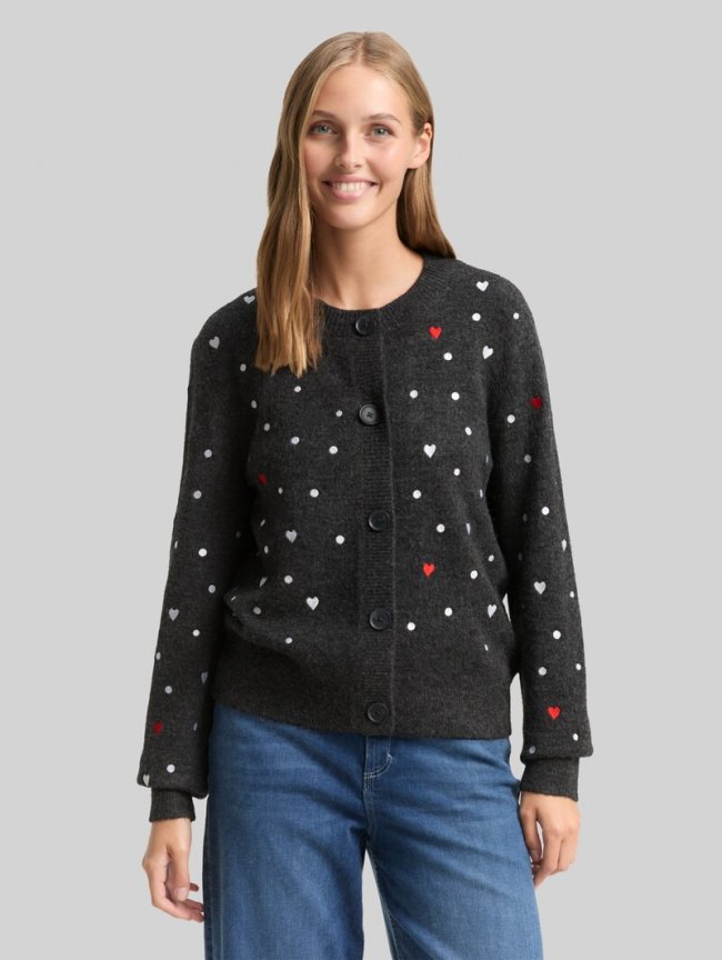 Tom Tailor Relaxed Fit Cardigan mit Stickereien - Grey White Dots And Hearts Tom Tailor Relaxed Fit Cardigan mit Stickereien - Grey White Dots And Hearts