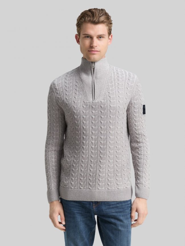 Tom Tailor Troyer Strickpullover mit Zopfmuster - Grey Offwhite Plated