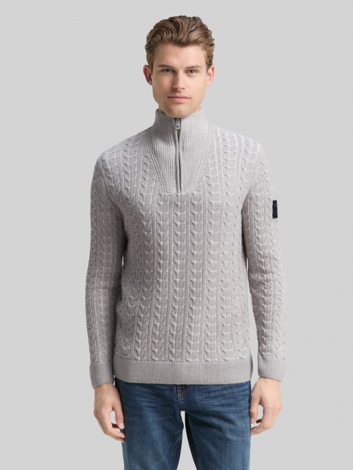 Tom Tailor Troyer Strickpullover mit Zopfmuster - Grey Offwhite Plated Tom Tailor Troyer Strickpullover mit Zopfmuster - Grey Offwhite Plated