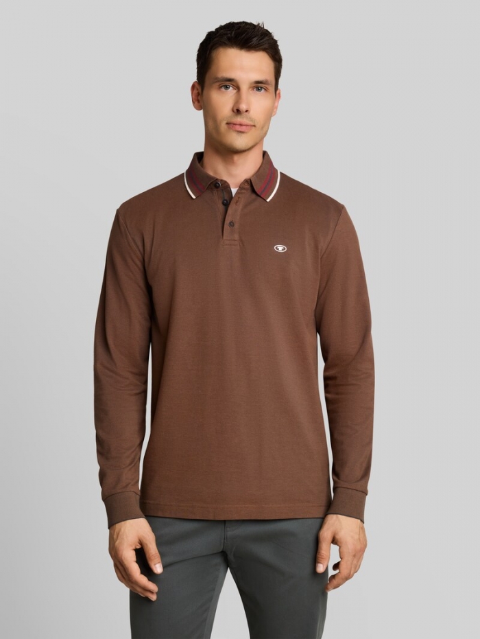 Tom Tailor Langarm Piqué Poloshirt mit Logo-Print - Brown Dark Green Two Tone