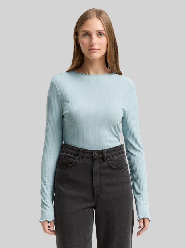 Tom Tailor Ripp Langarmshirt mit Stehkragen - Silver Cloud Blue Tom Tailor Ripp Langarmshirt mit Stehkragen - Silver Cloud Blue