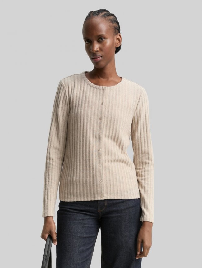 Tom Tailor Slim Fit Langarmshirt mit Deko-Knopfleiste - Cosy Beige Melange Tom Tailor Slim Fit Langarmshirt mit Deko-Knopfleiste - Cosy Beige Melange