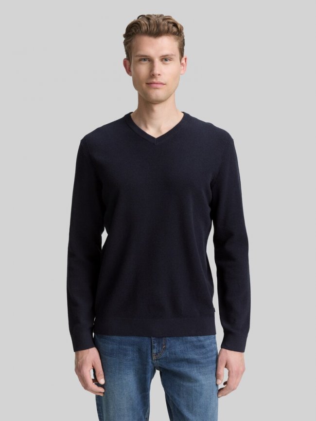 Tom Tailor Strickpullover mit V-Ausschnitt aus Bio-Baumwolle - Knitted Navy Melange Tom Tailor Strickpullover mit V-Ausschnitt aus Bio-Baumwolle - Knitted Navy Melange