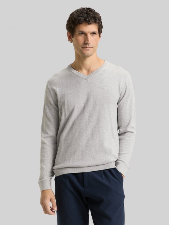 Tom Tailor Strickpullover mit V-Ausschnitt aus Baumwolle - Light Soft Grey Melange Tom Tailor Strickpullover mit V-Ausschnitt aus Baumwolle - Light Soft Grey Melange