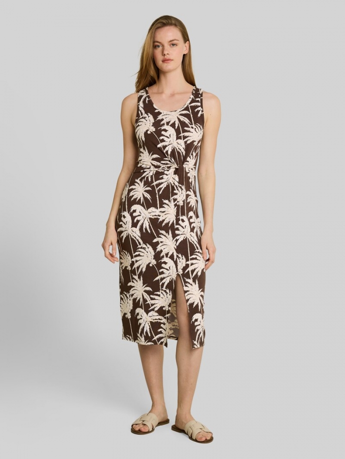 Tom Tailor Fitted Midi-Kleid mit Knotendetail - Brown Palmtree Print Tom Tailor Fitted Midi-Kleid mit Knotendetail - Brown Palmtree Print
