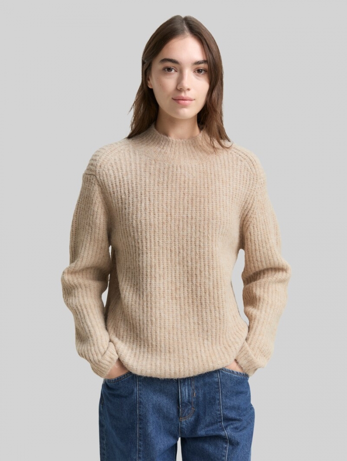 Tom Tailor Relaxed Fit Strickpullover mit Stehkragen - Cosy Beige Melange Tom Tailor Relaxed Fit Strickpullover mit Stehkragen - Cosy Beige Melange