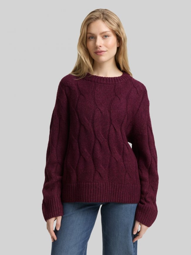 Tom Tailor Loose Fit Strickpullover mit Zopfmuster - Dark Red Mélange Tom Tailor Loose Fit Strickpullover mit Zopfmuster - Dark Red Mélange