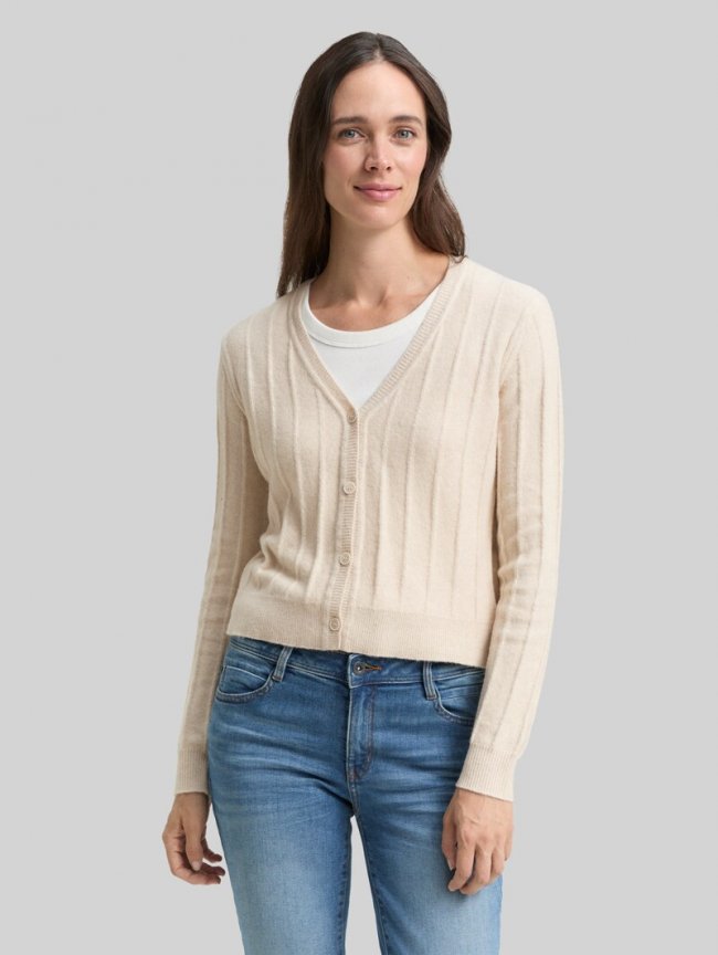 Tom Tailor Rib Cardigan mit Wollanteil - Sand Stone Beige Melange Tom Tailor Rib Cardigan mit Wollanteil - Sand Stone Beige Melange