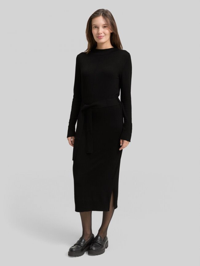 Tom Tailor Fitted Midi-Kleid mit Gürtel - Deep Black Tom Tailor Fitted Midi-Kleid mit Gürtel - Deep Black