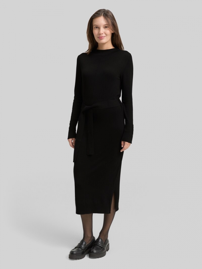 Tom Tailor Fitted Midi-Kleid mit Gürtel - Deep Black Tom Tailor Fitted Midi-Kleid mit Gürtel - Deep Black