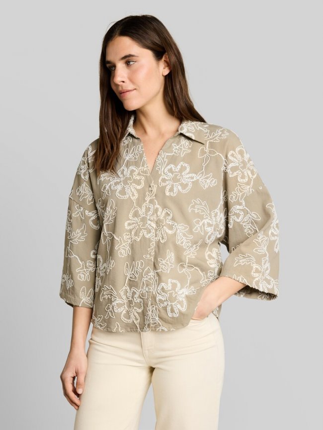 Tom Tailor Oversize Bluse mit Blumen-Stickereien - Olive White Big Flower Design