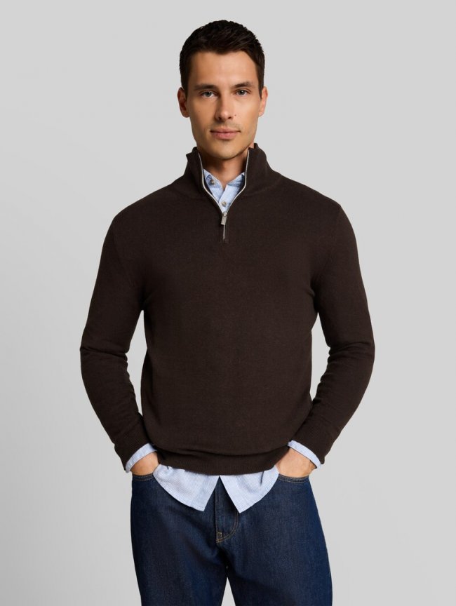 Tom Tailor Troyer Strickpullover mit Kaschmir-Anteil - Dark Chocolate Brown Melange