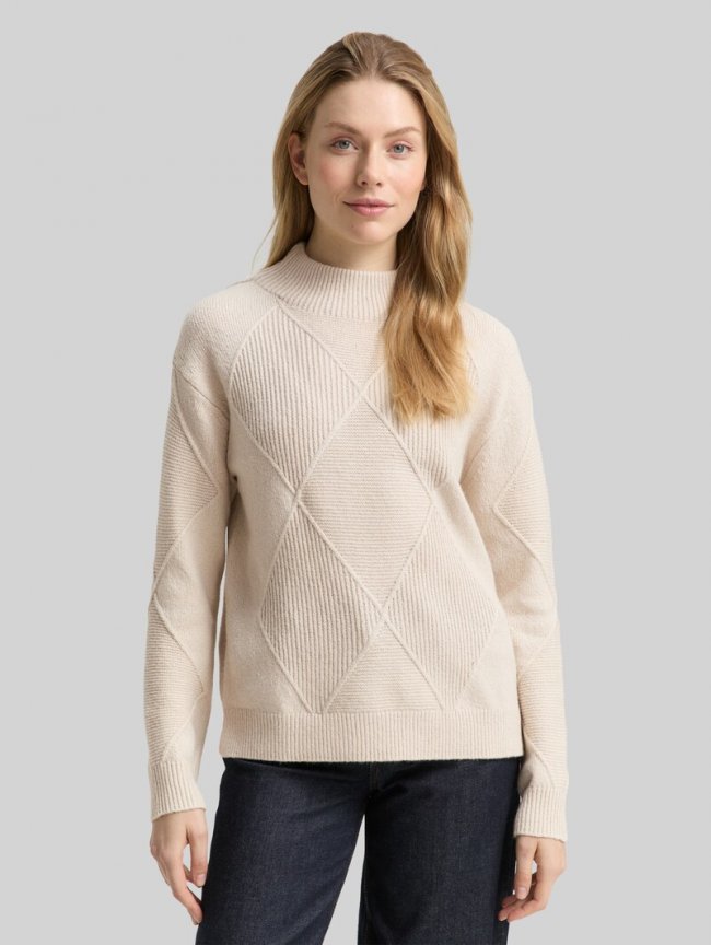 Tom Tailor Loose Fit Strickpullover mit Stehkragen - Sand Stone Beige Tom Tailor Loose Fit Strickpullover mit Stehkragen - Sand Stone Beige