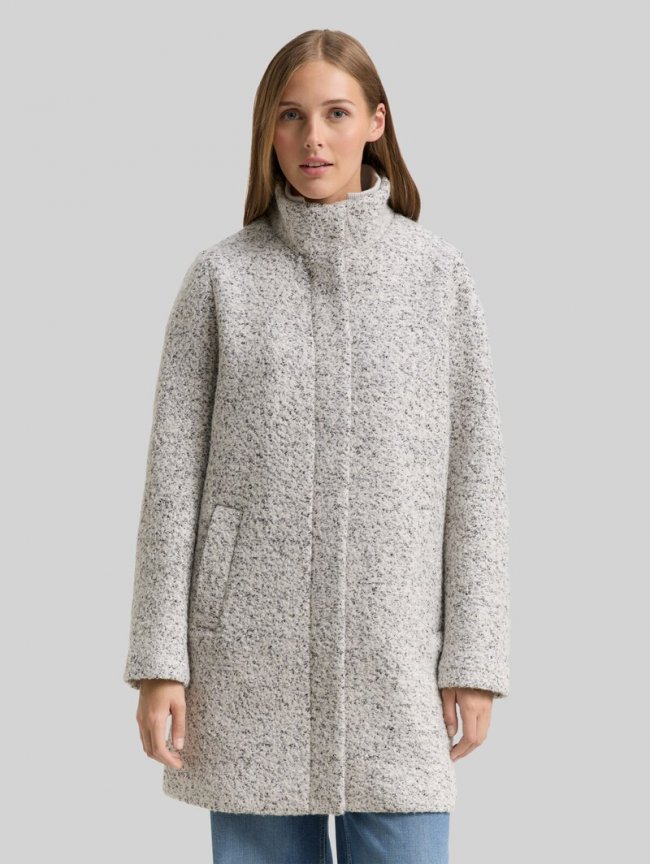 Tom Tailor Bouclé Wollmantel mit Stehkragen - White Black Boucle Tom Tailor Bouclé Wollmantel mit Stehkragen - White Black Boucle