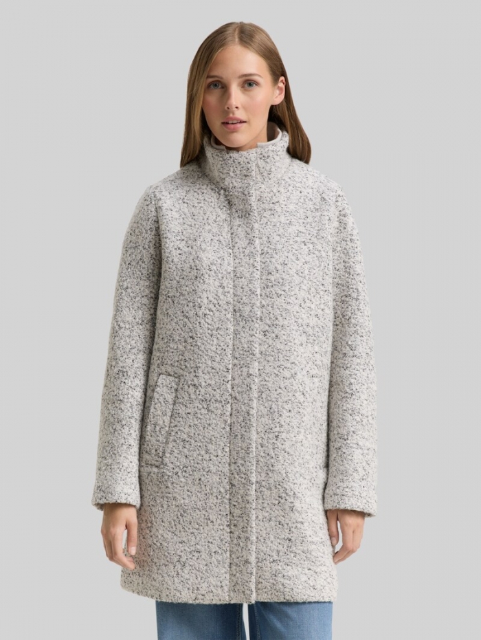 Tom Tailor Bouclé Wollmantel mit Stehkragen - White Black Boucle Tom Tailor Bouclé Wollmantel mit Stehkragen - White Black Boucle