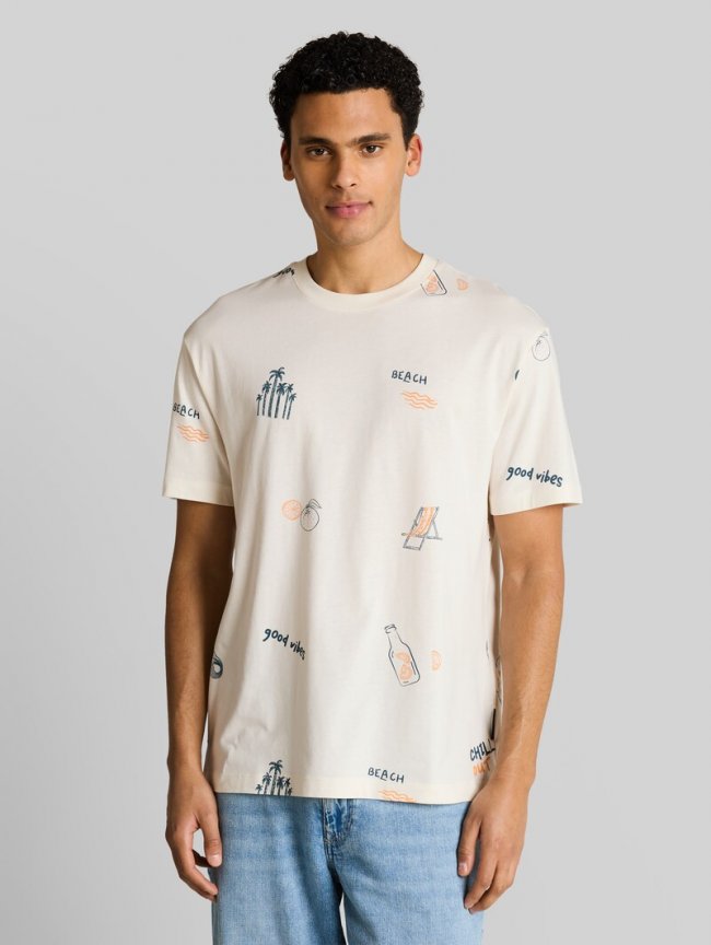 Tom Tailor Relaxed Fit T-Shirt mit Allover-Print - Wool White Fun Summer Print Tom Tailor Relaxed Fit T-Shirt mit Allover-Print - Wool White Fun Summer Print