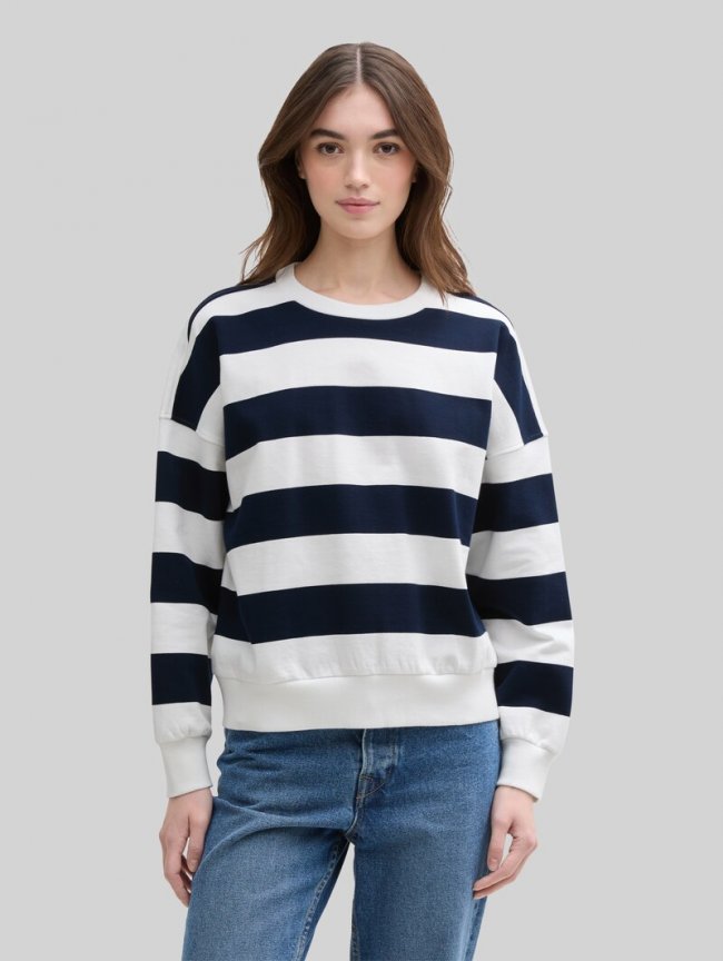 Tom Tailor Loose Fit Sweatshirt - Navy White Block Stripe Tom Tailor Loose Fit Sweatshirt - Navy White Block Stripe