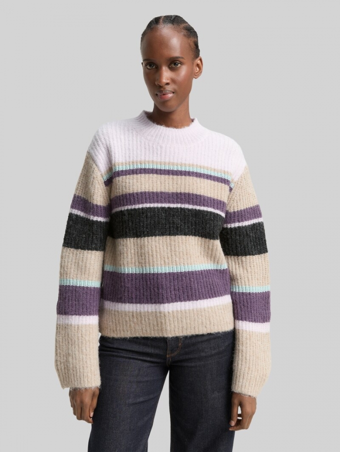 Tom Tailor Relaxed Fit Strickpullover mit Streifenmuster - Beige Lilac Multicolor Stripe Tom Tailor Relaxed Fit Strickpullover mit Streifenmuster - Beige Lilac Multicolor Stripe
