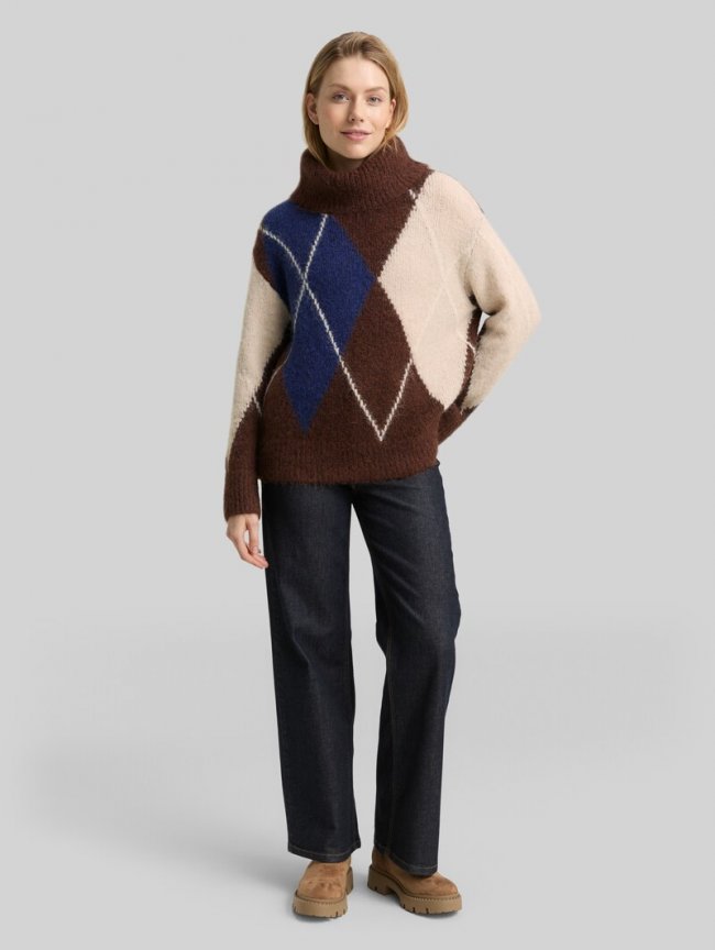 Tom Tailor Oversize Rollkragenpullover mit Wollanteil - Brown Blue Argyle Knit Dsign Tom Tailor Oversize Rollkragenpullover mit Wollanteil - Brown Blue Argyle Knit Dsign