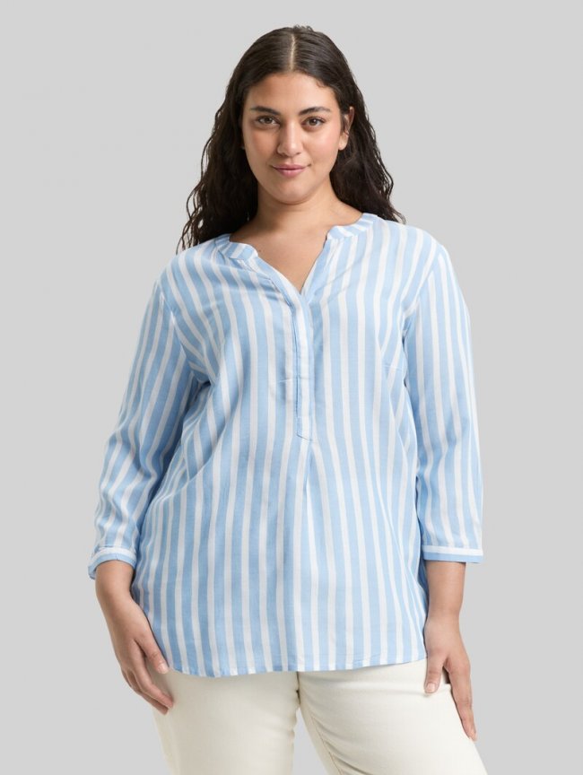 Tom Tailor Plus Size - Henleybluse mit Streifenmuster - Bleu White Stripe Tom Tailor Plus Size - Henleybluse mit Streifenmuster - Bleu White Stripe
