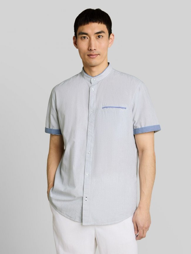 Tom Tailor Regular Fit Kurzarmhemd mit Stehkragen - White Navy Small Stripe Tom Tailor Regular Fit Kurzarmhemd mit Stehkragen - White Navy Small Stripe
