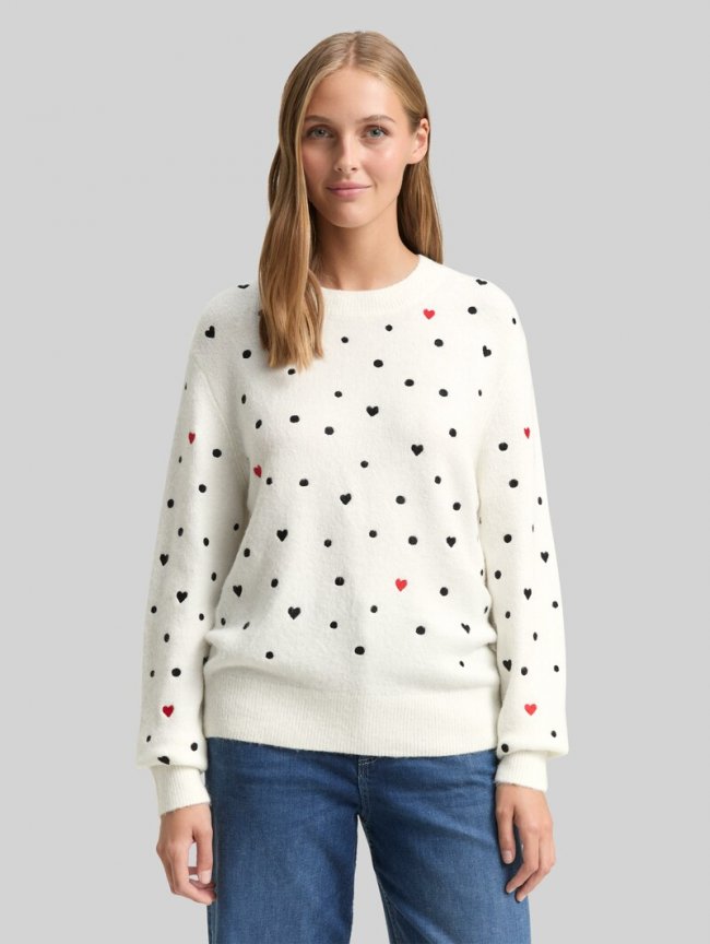 Tom Tailor Relaxed Fit Strickpullover mit Stickereien - White Black Dots And Hearts Tom Tailor Relaxed Fit Strickpullover mit Stickereien - White Black Dots And Hearts