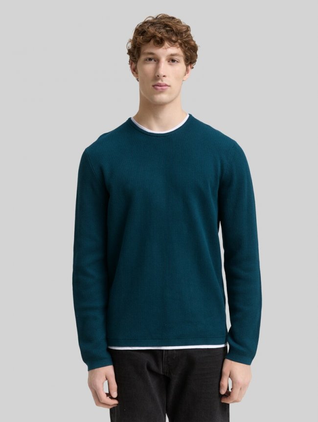Tom Tailor 2-in-1 Strickpullover aus Baumwolle - Deep Pond Green Tom Tailor 2-in-1 Strickpullover aus Baumwolle - Deep Pond Green