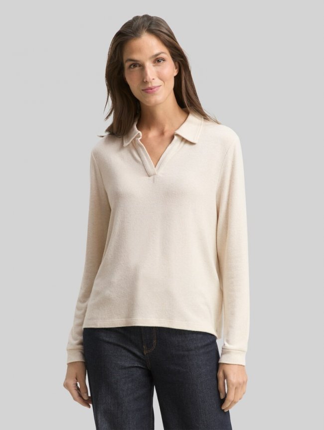 Tom Tailor Cosy Langarmshirt mit Polokragen - Sand Stone Beige Melange Tom Tailor Cosy Langarmshirt mit Polokragen - Sand Stone Beige Melange