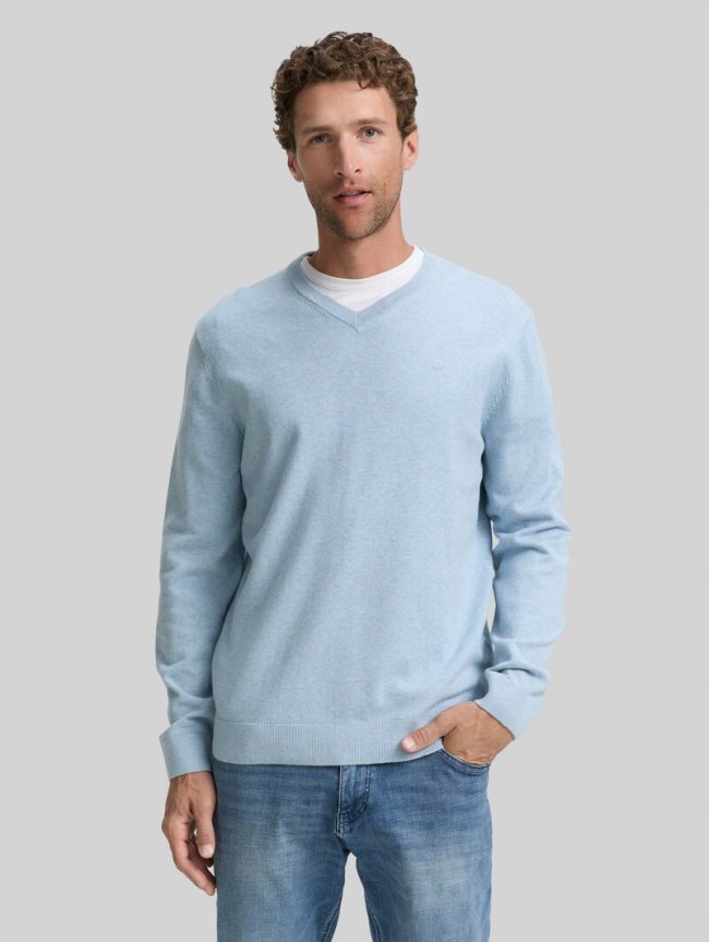 Tom Tailor Strickpullover mit V-Ausschnitt aus Baumwolle - Light Metal Blue Melange Tom Tailor Strickpullover mit V-Ausschnitt aus Baumwolle - Light Metal Blue Melange