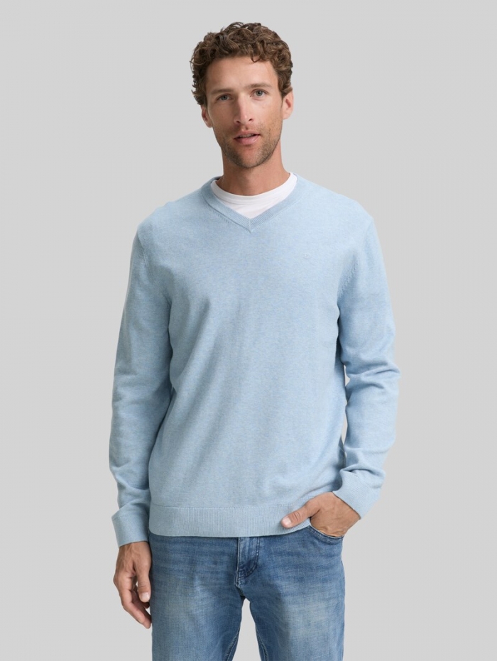 Tom Tailor Strickpullover mit V-Ausschnitt aus Baumwolle - Light Metal Blue Melange Tom Tailor Strickpullover mit V-Ausschnitt aus Baumwolle - Light Metal Blue Melange