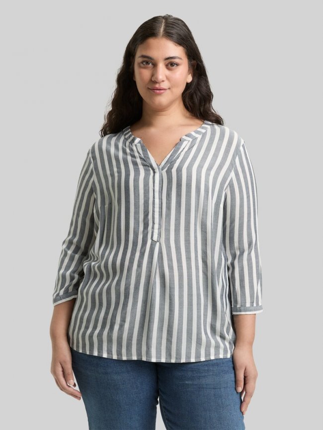 Tom Tailor Plus Size - Henleybluse mit Streifenmuster - Offwhite Navy Vertical Stripe Tom Tailor Plus Size - Henleybluse mit Streifenmuster - Offwhite Navy Vertical Stripe