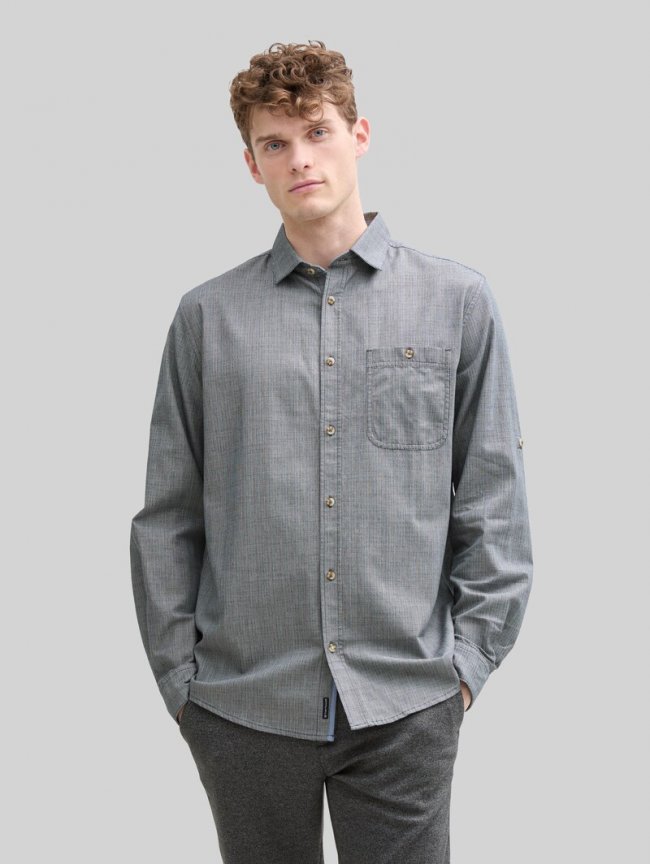 Tom Tailor Regular Fit Hemd mit verstellbarer Ärmellänge - Navy Sraight Structure
