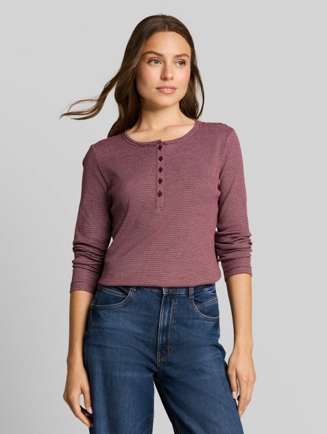 Tom Tailor Henley Langarmshirt mit Rippstruktur - Light Pink Preppy Plum Stripe Tom Tailor Henley Langarmshirt mit Rippstruktur - Light Pink Preppy Plum Stripe