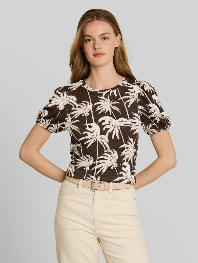Tom Tailor Crinkle T-Shirt mit Ballonärmeln - Brown Palmtree Print Tom Tailor Crinkle T-Shirt mit Ballonärmeln - Brown Palmtree Print