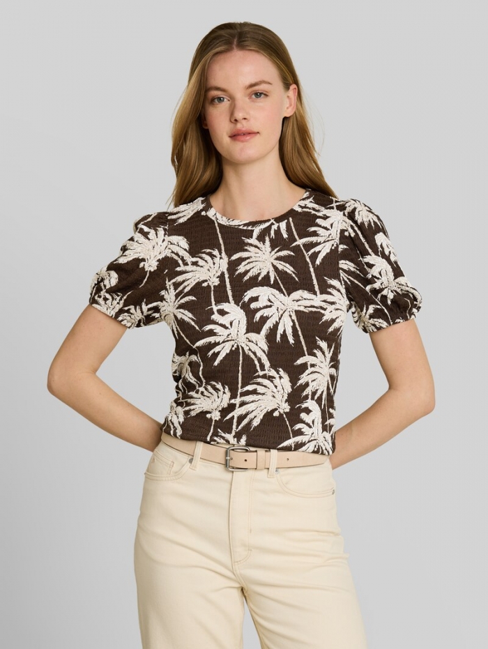 Tom Tailor Crinkle T-Shirt mit Ballonärmeln - Brown Palmtree Print Tom Tailor Crinkle T-Shirt mit Ballonärmeln - Brown Palmtree Print