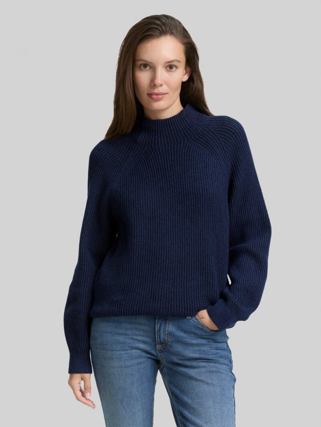 Tom Tailor Loose Fit Strickpullover mit Stehkragen - Blue Rib Structure Tom Tailor Loose Fit Strickpullover mit Stehkragen - Blue Rib Structure