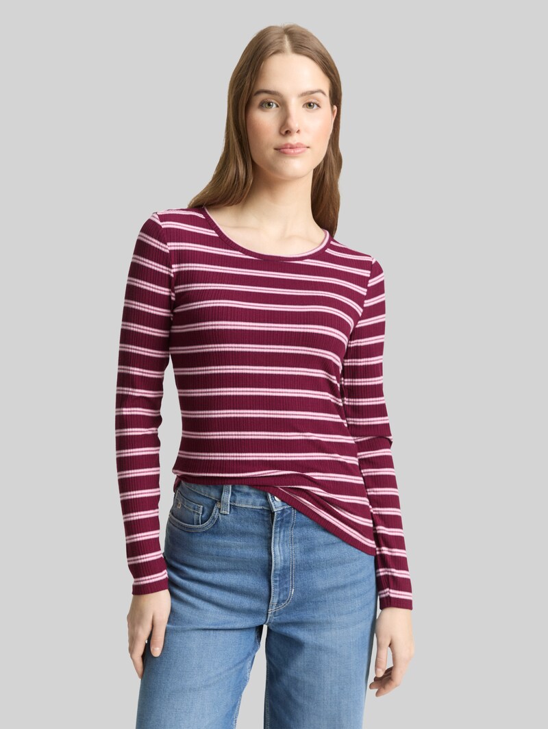 Tom Tailor Slim Fit Langarmshirt mit Rippstruktur - Red Pink Multicolor Stripe