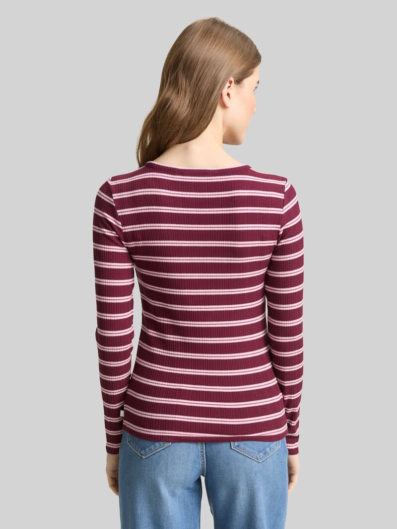 Tom Tailor Slim Fit Langarmshirt mit Rippstruktur - Red Pink Multicolor Stripe