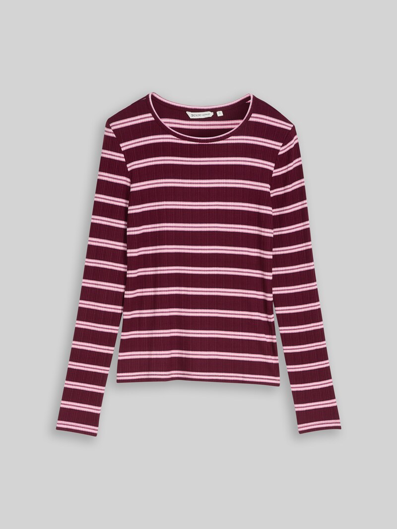 Tom Tailor Slim Fit Langarmshirt mit Rippstruktur - Red Pink Multicolor Stripe
