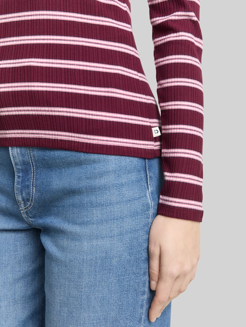 Tom Tailor Slim Fit Langarmshirt mit Rippstruktur - Red Pink Multicolor Stripe