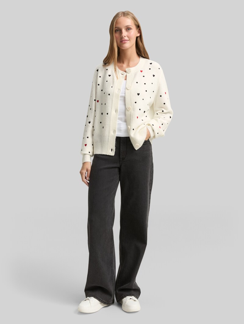 Tom Tailor Relaxed Fit Cardigan mit Stickereien - White Black Dots And Hearts