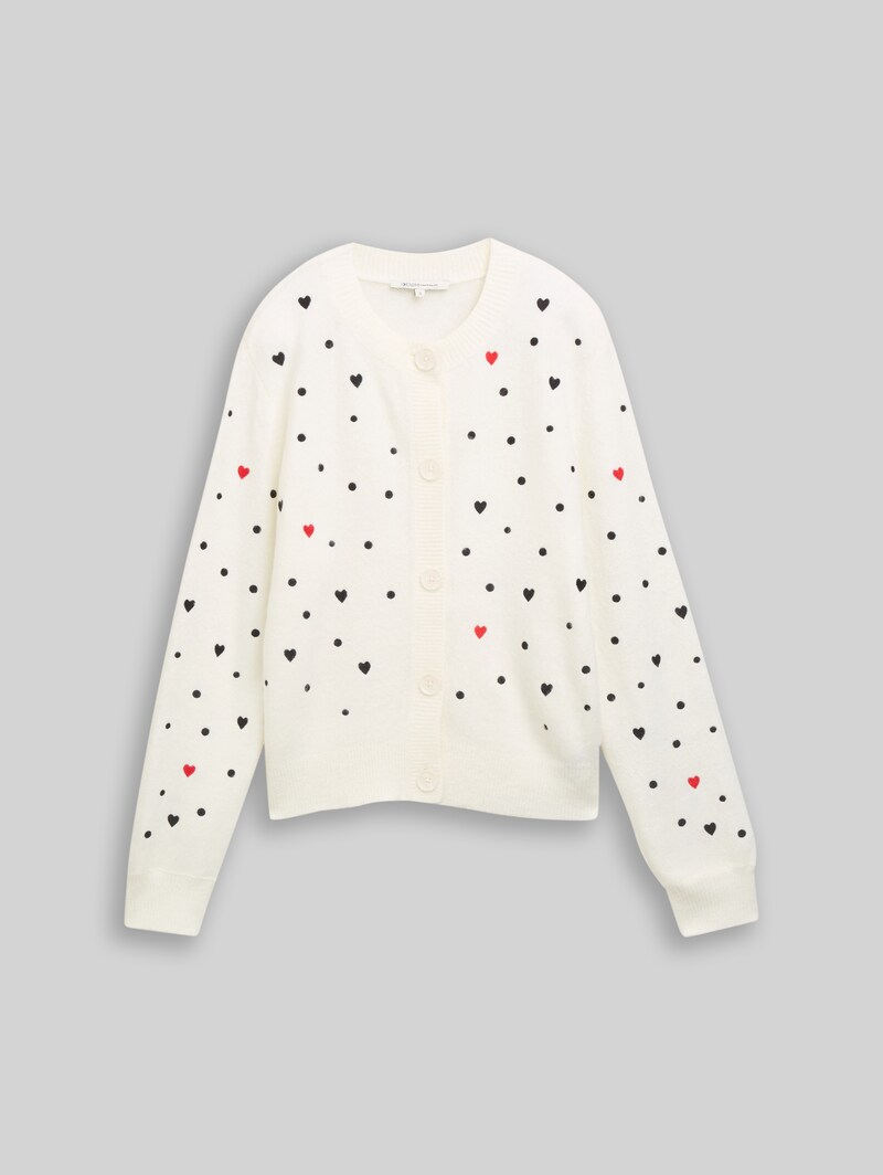 Tom Tailor Relaxed Fit Cardigan mit Stickereien - White Black Dots And Hearts