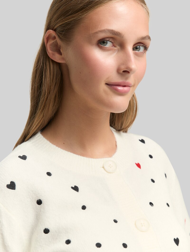 Tom Tailor Relaxed Fit Cardigan mit Stickereien - White Black Dots And Hearts