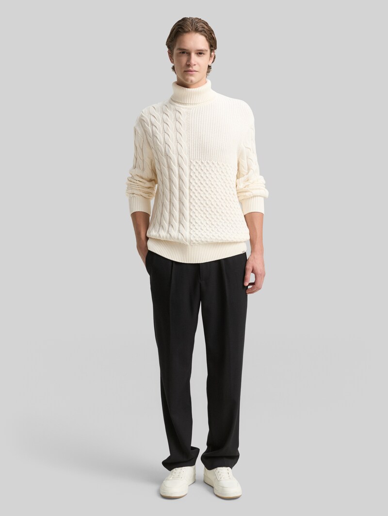 Tom Tailor Relaxed Fit Rollkragenpullover mit Zopfmuster - Wool White