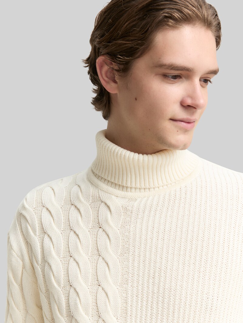 Tom Tailor Relaxed Fit Rollkragenpullover mit Zopfmuster - Wool White