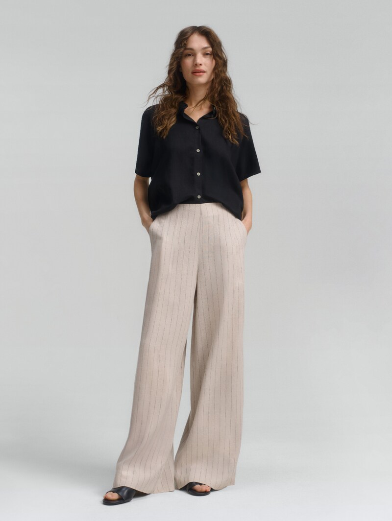 Tom Tailor Wide Leg Hose mit Leinenanteil - Beige Black Vertical Stripe