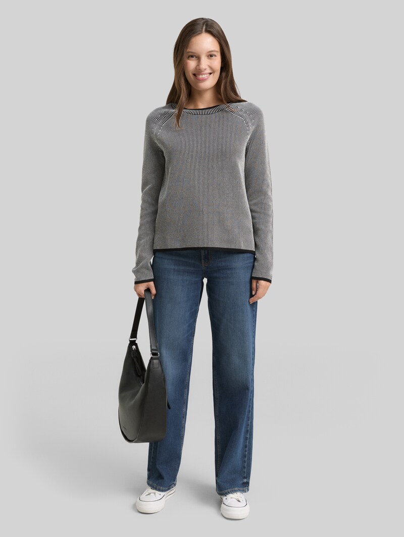 Tom Tailor Strickpullover mit Rundhalsausschnitt - Black White Plaited Knit