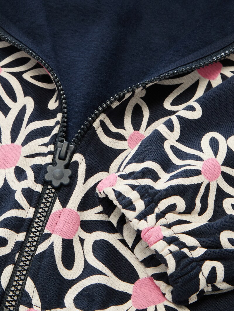 Tom Tailor Cropped Hoodie Sweatjacke mit Muster - Dark Blue Big Daisy Print