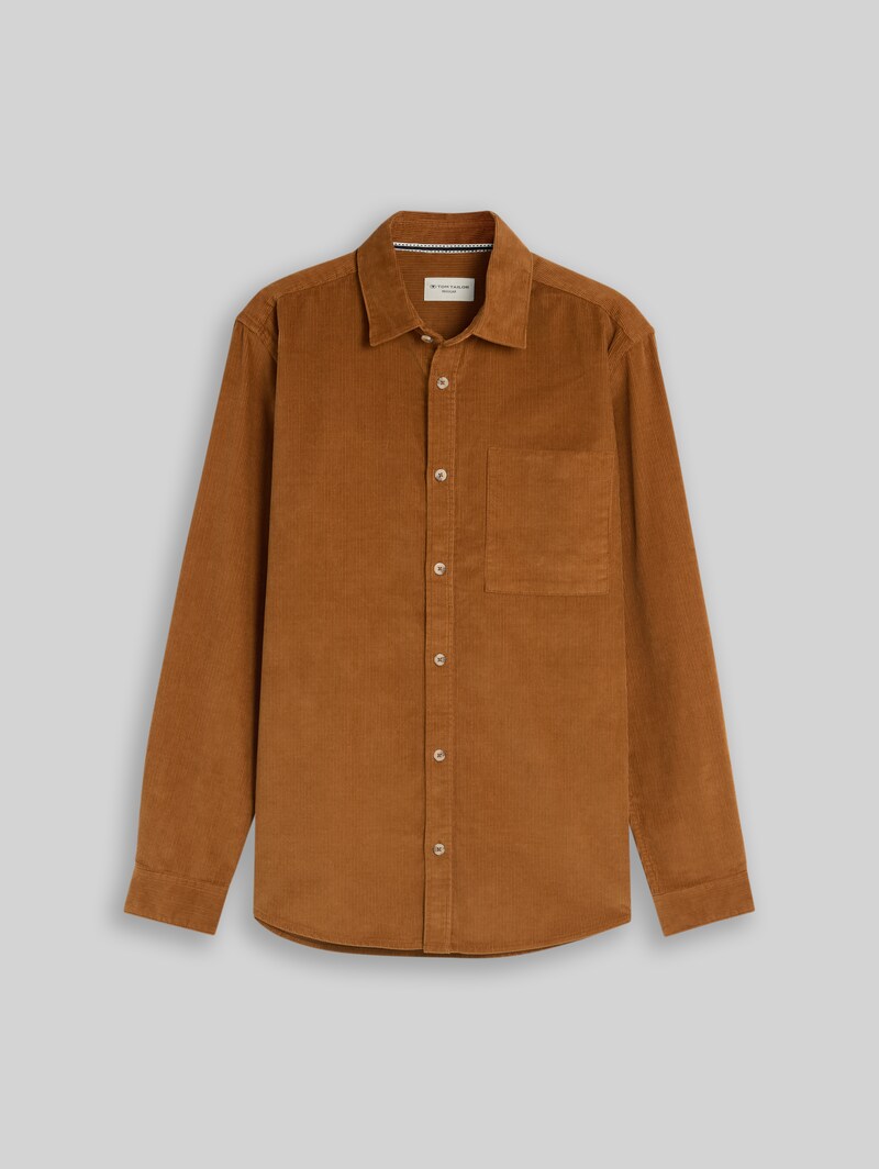 Tom Tailor Regular Fit Cordhemd mit Brusttasche - Bright Camel Brown